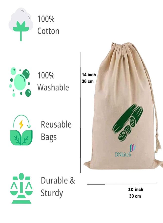 DNkitch 100% Cotton Storage Bags Eco-Friendly Grocery Reusable Bags for Fridge Washable, Breathable & Durable Produce Bags for Vegetables & Fruits Storage Bags for Fridge (Set of 6) - Image 2